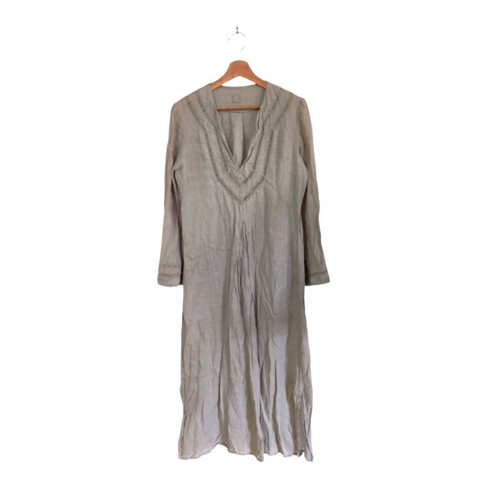 120% Lino Elegant Gray Linen Long Sleeve Maxi Dress Size 42 Italy M
